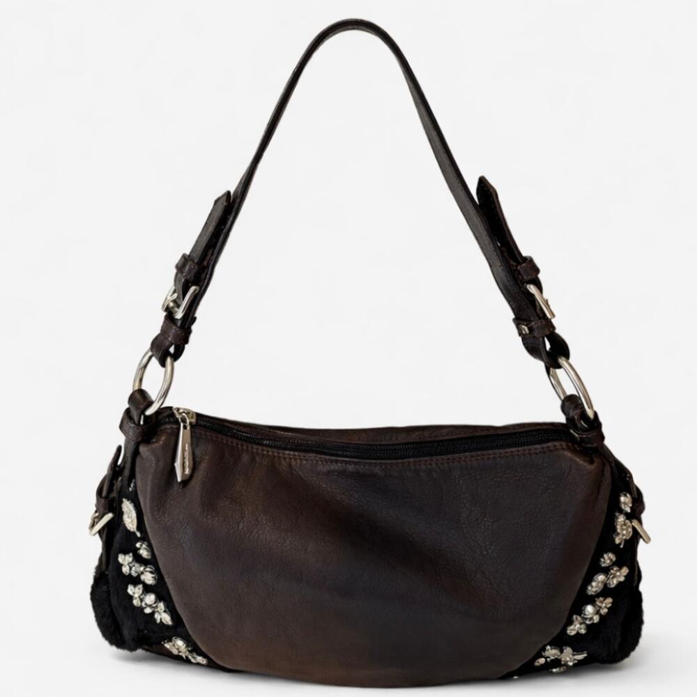 Berge Italy Leather Cow Hair Bag Rhinestone Studded Boho Shoulder Purse